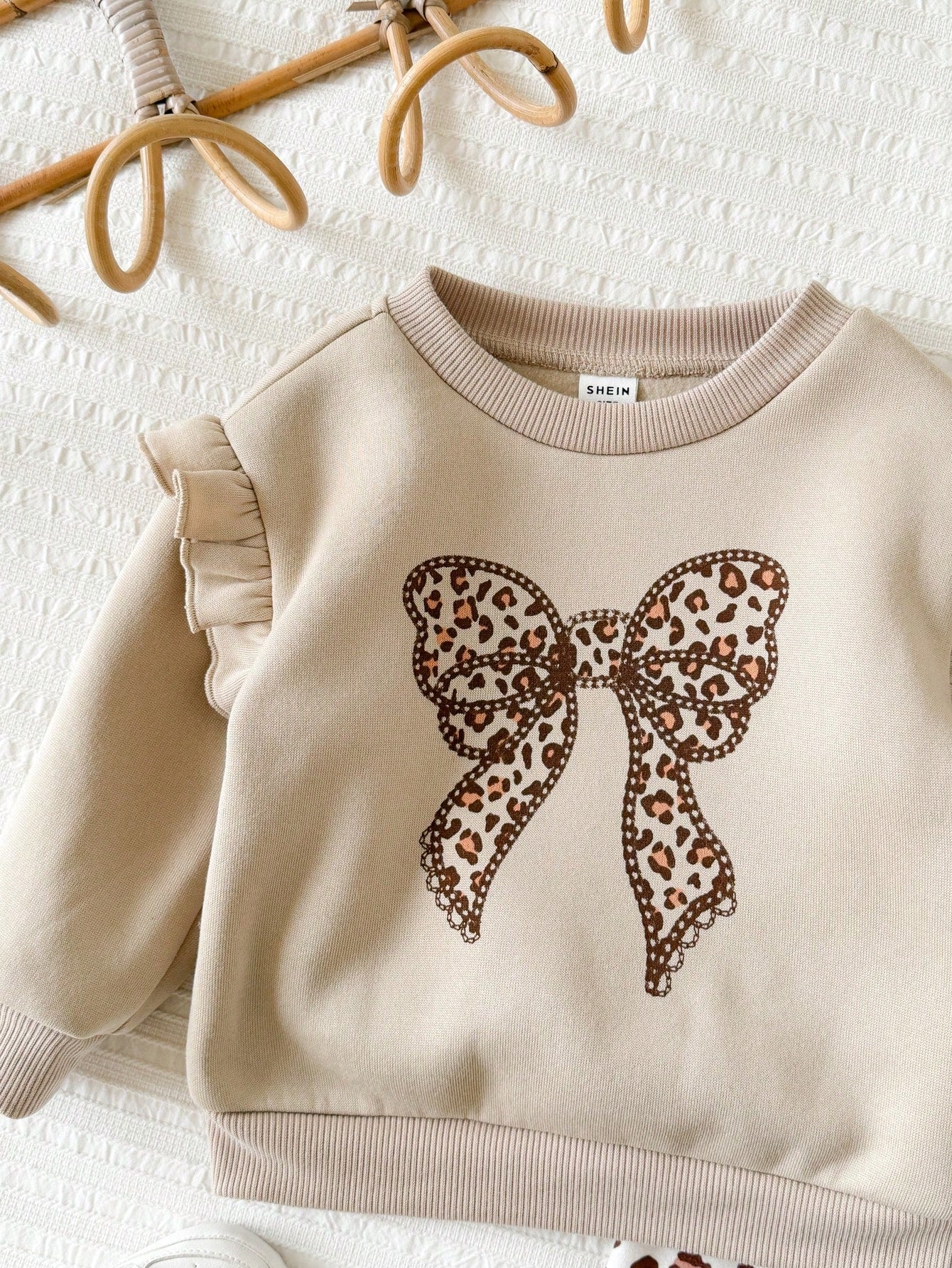Baby Girl Knit Solid Color Bow Pattern Ruffle Casual Sweatshirt & Leopard Print Long Autumn Winter Pants 2-Piece Set, Fleece Lined Brushed Thick