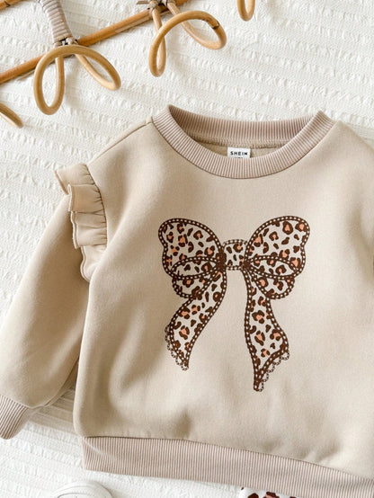 Baby Girl Knit Solid Color Bow Pattern Ruffle Casual Sweatshirt & Leopard Print Long Autumn Winter Pants 2-Piece Set, Fleece Lined Brushed Thick