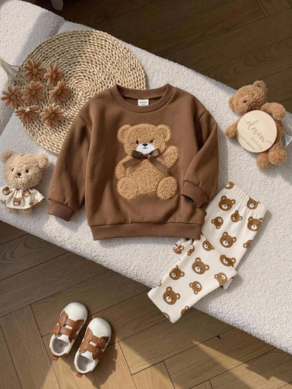 Baby Girl Knit Solid Color Bow Pattern Ruffle Casual Sweatshirt & Leopard Print Long Autumn Winter Pants 2-Piece Set, Fleece Lined Brushed Thick