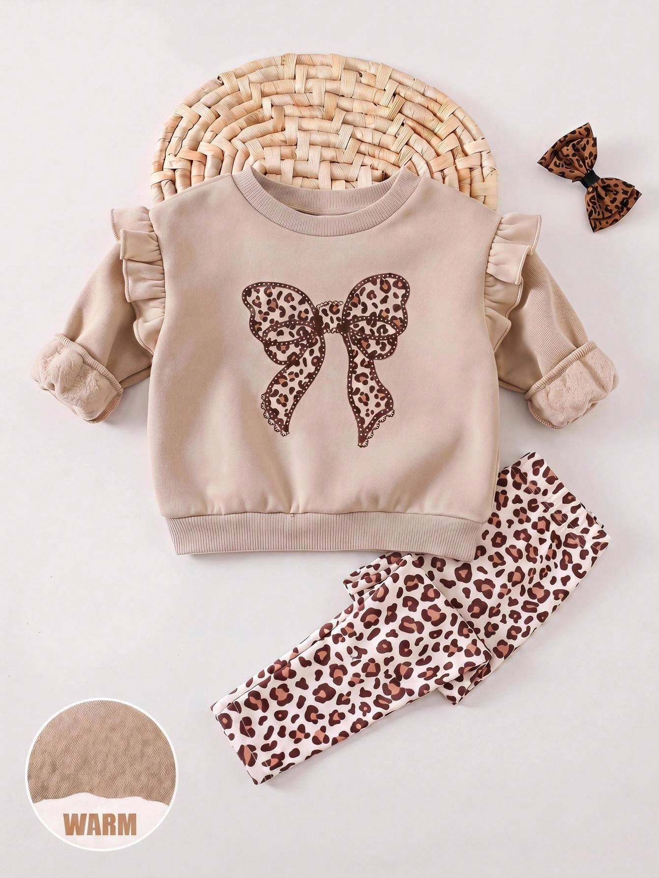 Baby Girl Knit Solid Color Bow Pattern Ruffle Casual Sweatshirt & Leopard Print Long Autumn Winter Pants 2-Piece Set, Fleece Lined Brushed Thick