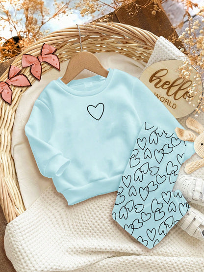 Baby Girl Light Blue Autumn Cute Family Matching Heart Print Set,Soft Thick Crew Neck Sweatshirt And Leggings,Casual Winter Clothes For Homecoming