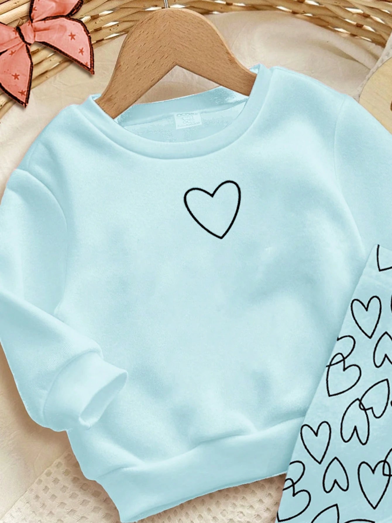 Baby Girl Light Blue Autumn Cute Family Matching Heart Print Set,Soft Thick Crew Neck Sweatshirt And Leggings,Casual Winter Clothes For Homecoming