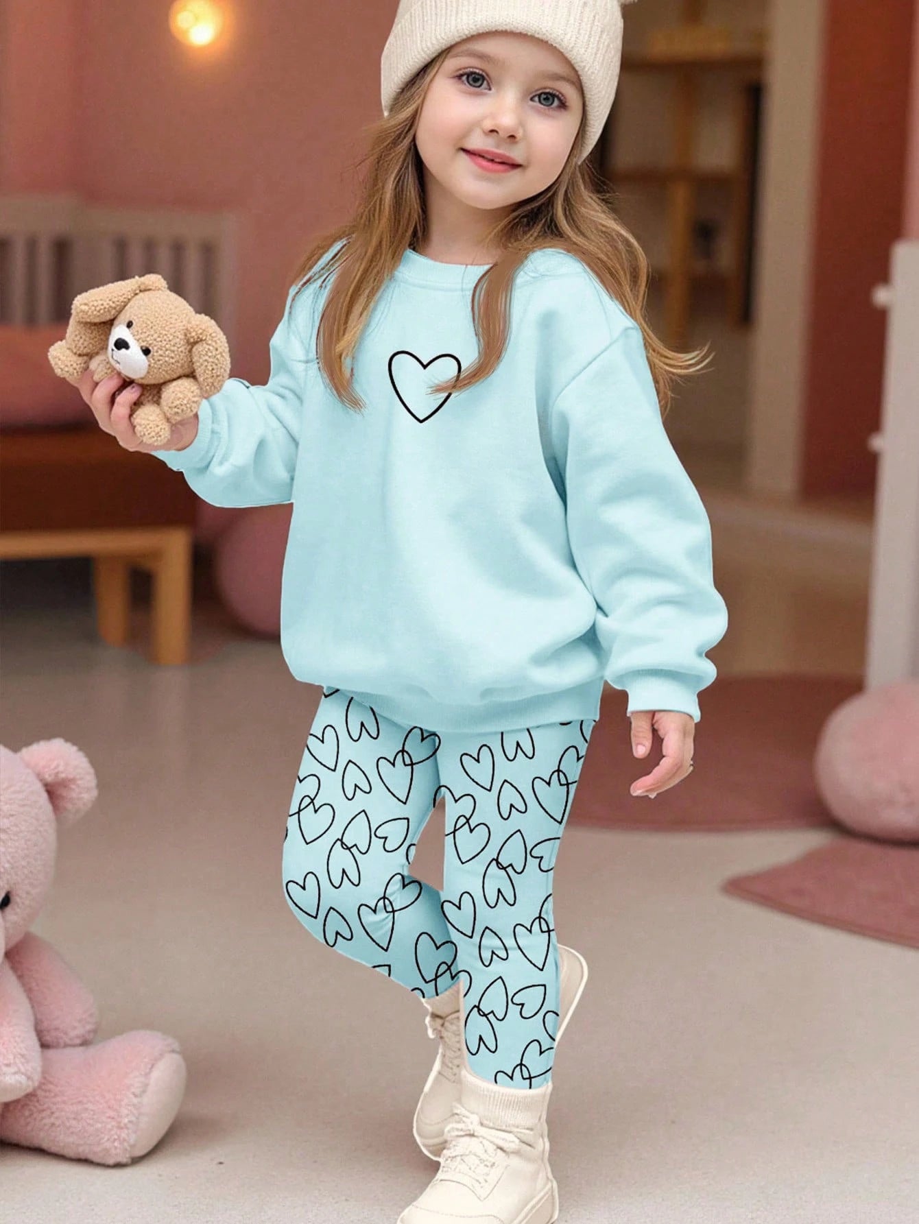 Baby Girl Light Blue Autumn Cute Family Matching Heart Print Set,Soft Thick Crew Neck Sweatshirt And Leggings,Casual Winter Clothes For Homecoming
