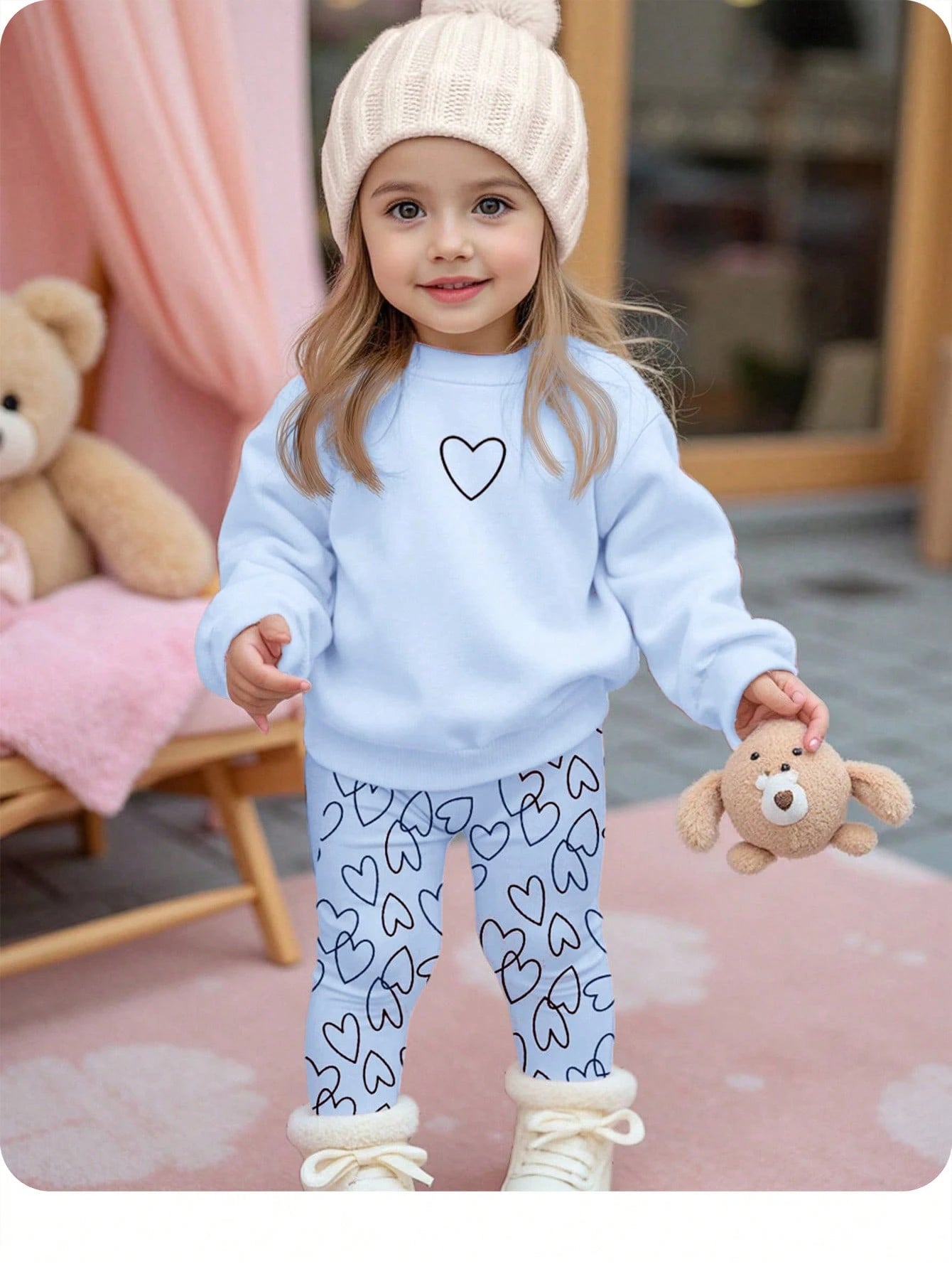 Baby Girl Light Blue Autumn Cute Family Matching Heart Print Set,Soft Thick Crew Neck Sweatshirt And Leggings,Casual Winter Clothes For Homecoming