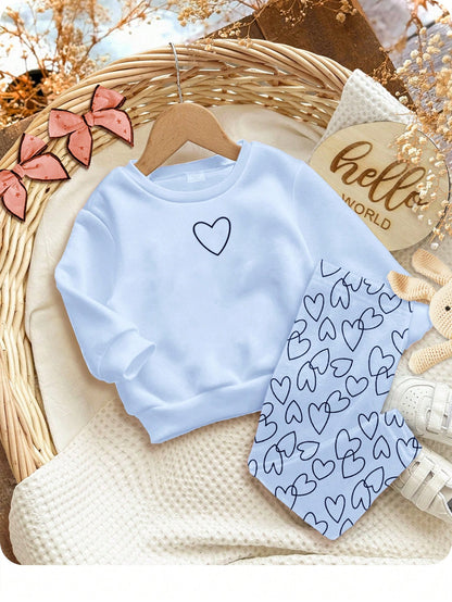 Baby Girl Light Blue Autumn Cute Family Matching Heart Print Set,Soft Thick Crew Neck Sweatshirt And Leggings,Casual Winter Clothes For Homecoming