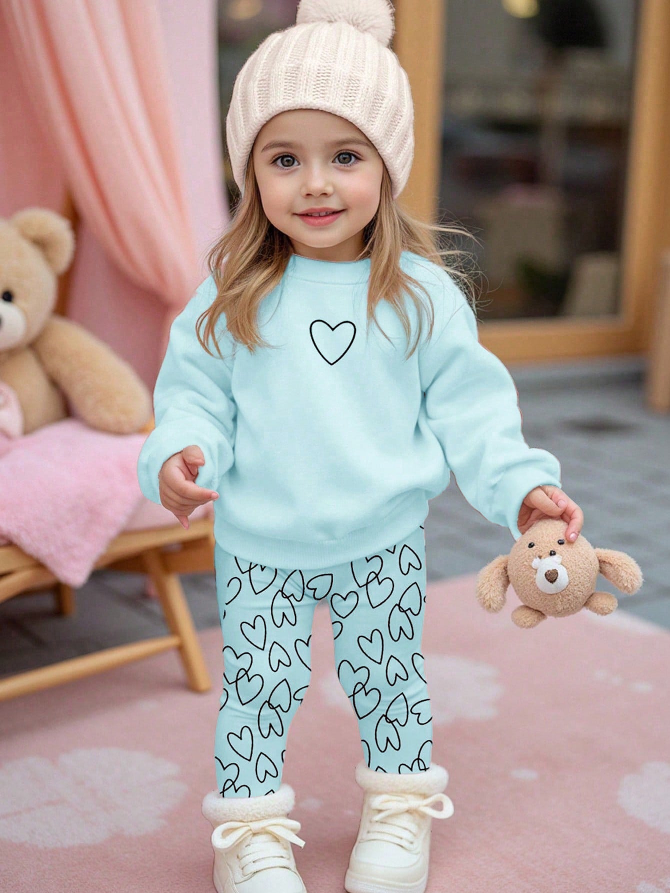 Baby Girl Light Blue Autumn Cute Family Matching Heart Print Set,Soft Thick Crew Neck Sweatshirt And Leggings,Casual Winter Clothes For Homecoming