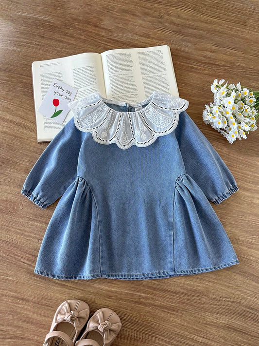 Baby Girl Spring/Autumn Long Sleeve Dress, Peter Collar Lace Trim Delicate Soft Long Sleeve With Side Pleats Loose A-Line Skirt, Fresh Korean Style Daily Outing Outfit Gentle Versatile, Baby Gir