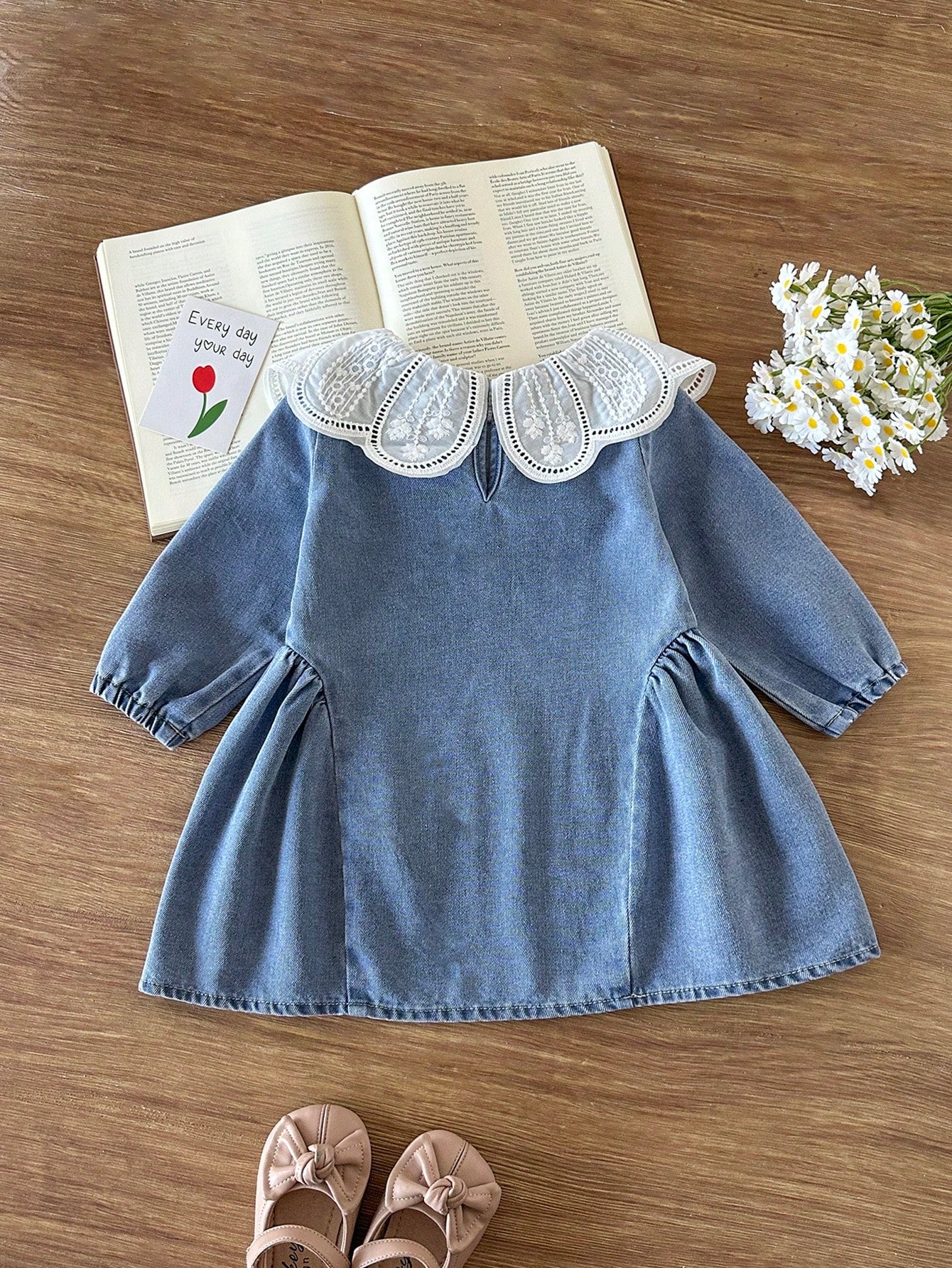 Baby Girl Spring/Autumn Long Sleeve Dress, Peter Collar Lace Trim Delicate Soft Long Sleeve With Side Pleats Loose A-Line Skirt, Fresh Korean Style Daily Outing Outfit Gentle Versatile, Baby Gir