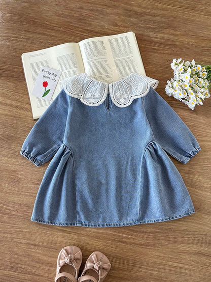 Baby Girl Spring/Autumn Long Sleeve Dress, Peter Collar Lace Trim Delicate Soft Long Sleeve With Side Pleats Loose A-Line Skirt, Fresh Korean Style Daily Outing Outfit Gentle Versatile, Baby Gir