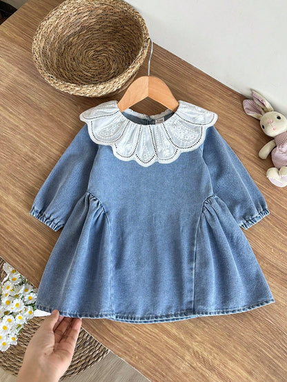 Baby Girl Spring/Autumn Long Sleeve Dress, Peter Collar Lace Trim Delicate Soft Long Sleeve With Side Pleats Loose A-Line Skirt, Fresh Korean Style Daily Outing Outfit Gentle Versatile, Baby Gir