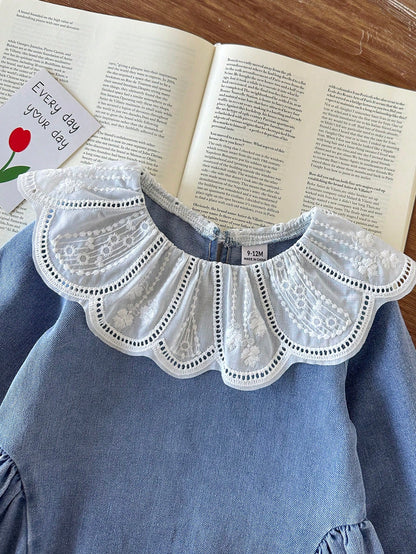 Baby Girl Spring/Autumn Long Sleeve Dress, Peter Collar Lace Trim Delicate Soft Long Sleeve With Side Pleats Loose A-Line Skirt, Fresh Korean Style Daily Outing Outfit Gentle Versatile, Baby Gir