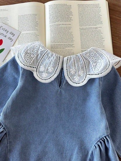 Baby Girl Spring/Autumn Long Sleeve Dress, Peter Collar Lace Trim Delicate Soft Long Sleeve With Side Pleats Loose A-Line Skirt, Fresh Korean Style Daily Outing Outfit Gentle Versatile, Baby Gir