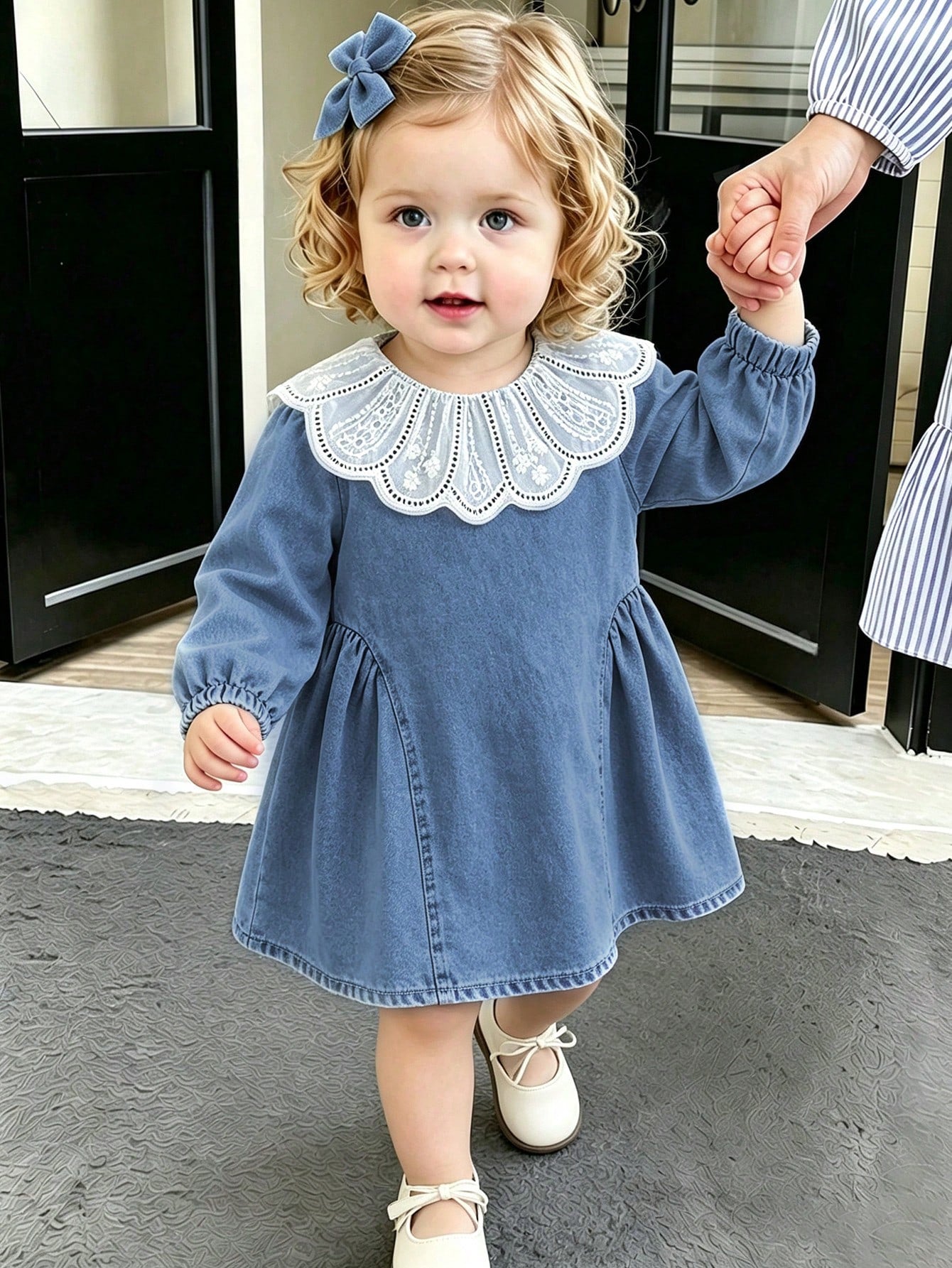 Baby Girl Spring/Autumn Long Sleeve Dress, Peter Collar Lace Trim Delicate Soft Long Sleeve With Side Pleats Loose A-Line Skirt, Fresh Korean Style Daily Outing Outfit Gentle Versatile, Baby Gir