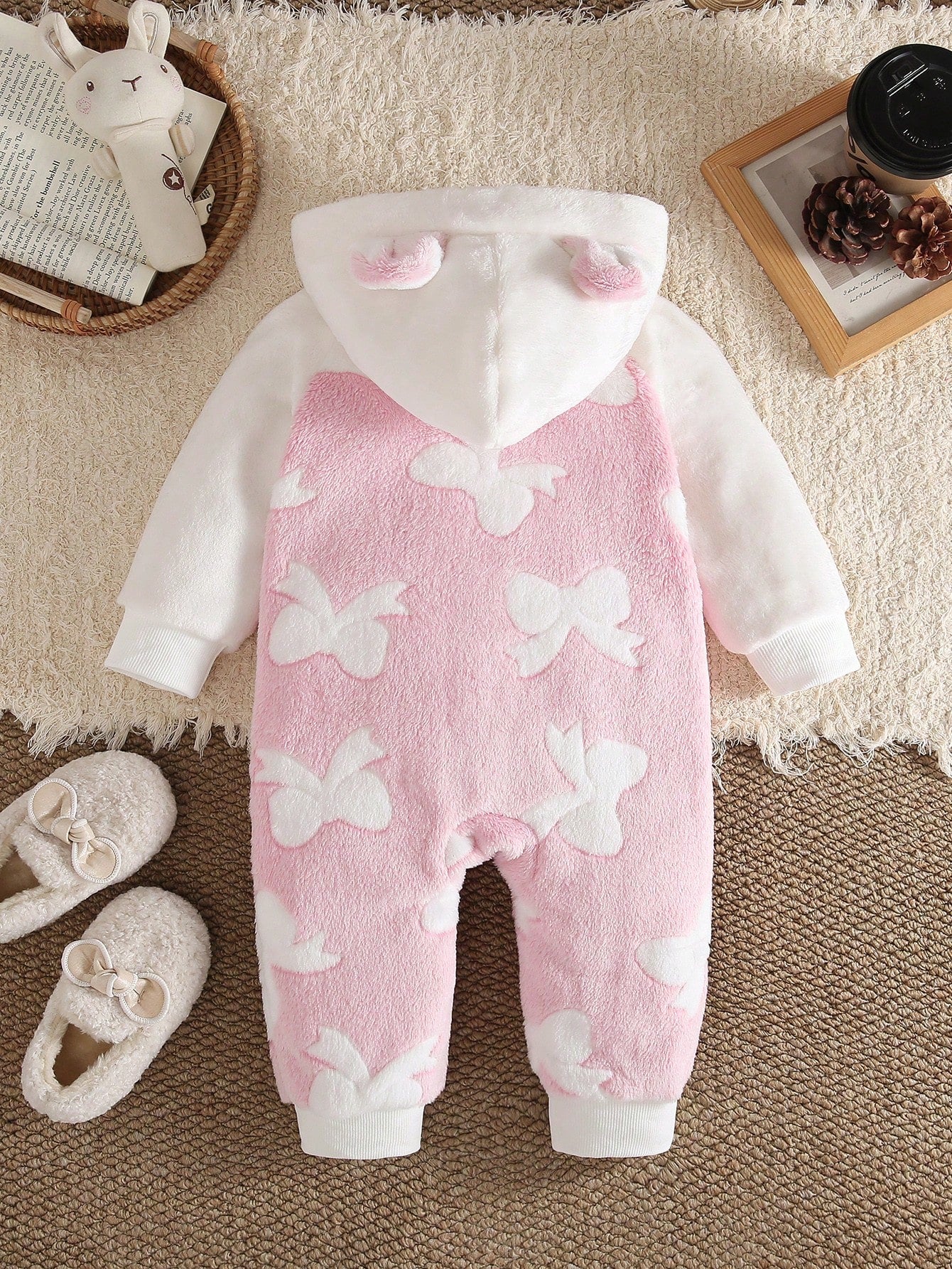 Baby Girl Winter Sweet Cute Pink & White Colorblock Medium-Thick Double-Sided Flannel Loose Fit 3D Ear Hooded Shoulder Zip Jumpsuit, 3D Bow Embossed Pattern, Suitable For-Based Relaxation, Todd