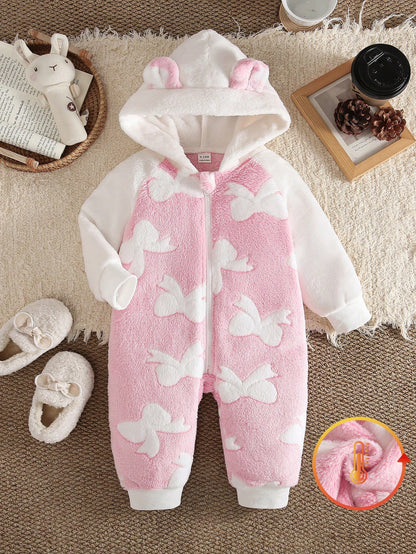 Baby Girl Winter Sweet Cute Pink & White Colorblock Medium-Thick Double-Sided Flannel Loose Fit 3D Ear Hooded Shoulder Zip Jumpsuit, 3D Bow Embossed Pattern, Suitable For-Based Relaxation, Todd