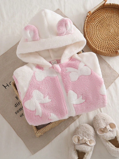 Baby Girl Winter Sweet Cute Pink & White Colorblock Medium-Thick Double-Sided Flannel Loose Fit 3D Ear Hooded Shoulder Zip Jumpsuit, 3D Bow Embossed Pattern, Suitable For-Based Relaxation, Todd