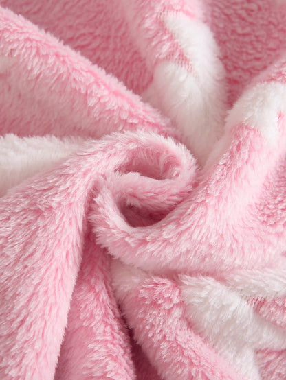 Baby Girl Winter Sweet Cute Pink & White Colorblock Medium-Thick Double-Sided Flannel Loose Fit 3D Ear Hooded Shoulder Zip Jumpsuit, 3D Bow Embossed Pattern, Suitable For-Based Relaxation, Todd