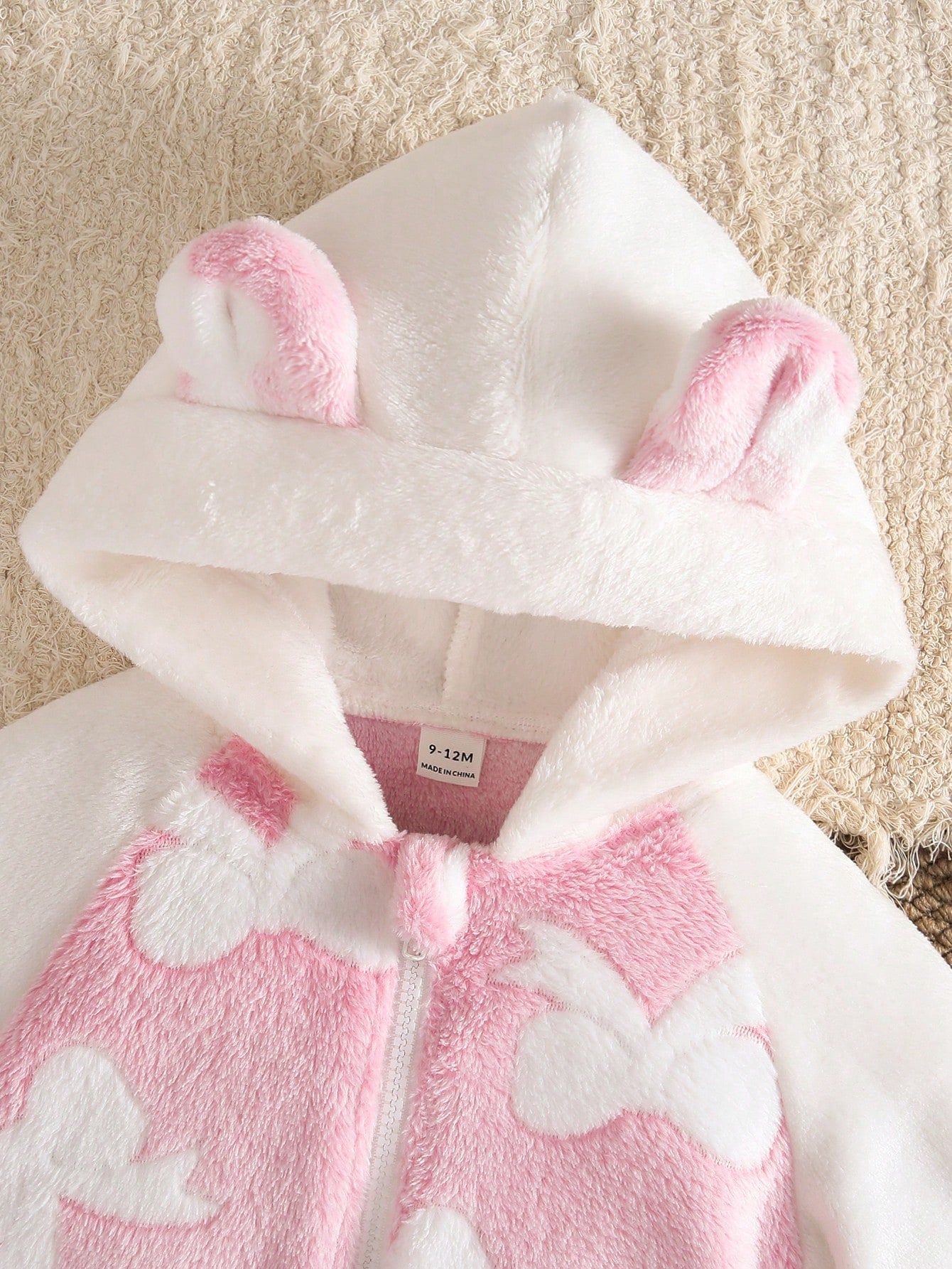 Baby Girl Winter Sweet Cute Pink & White Colorblock Medium-Thick Double-Sided Flannel Loose Fit 3D Ear Hooded Shoulder Zip Jumpsuit, 3D Bow Embossed Pattern, Suitable For-Based Relaxation, Todd