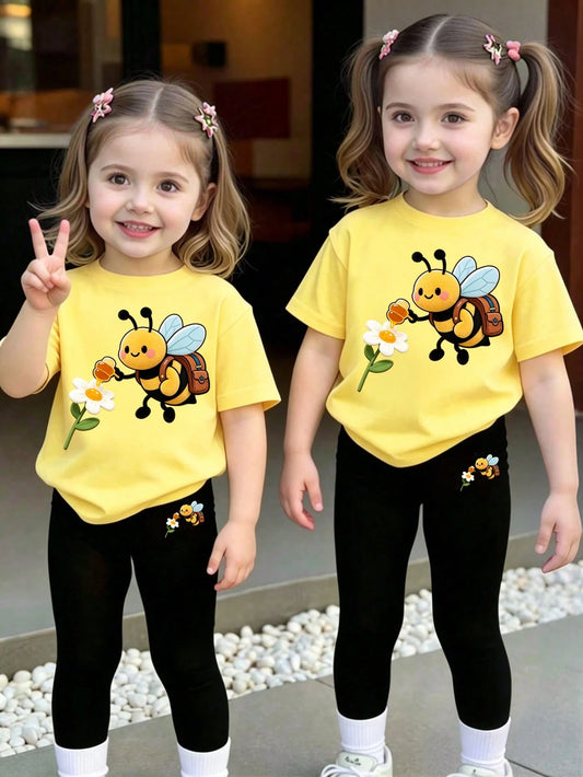 Baby Girls 2pcs/Set Casual Fashion Versatile Spring Summer Infant Toddler Girl T-Shirt Set, Cute Sweet Lemon Yellow Top With Cartoon Little Bee And Flower Pattern, Loose Round Neck Short Sleeve