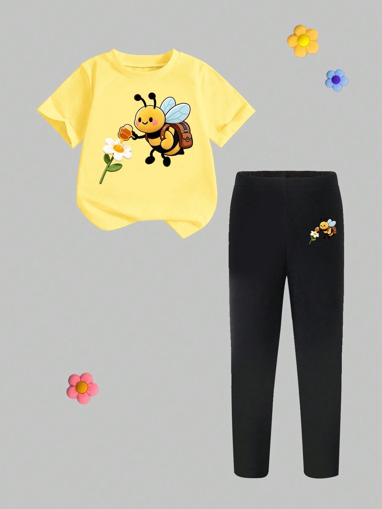 Baby Girls 2pcs/Set Casual Fashion Versatile Spring Summer Infant Toddler Girl T-Shirt Set, Cute Sweet Lemon Yellow Top With Cartoon Little Bee And Flower Pattern, Loose Round Neck Short Sleeve