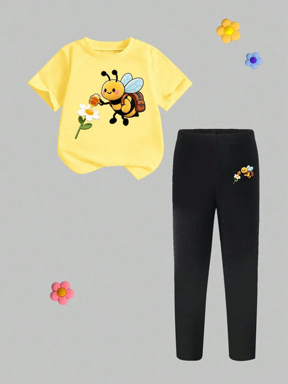 Baby Girls 2pcs/Set Casual Fashion Versatile Spring Summer Infant Toddler Girl T-Shirt Set, Cute Sweet Lemon Yellow Top With Cartoon Little Bee And Flower Pattern, Loose Round Neck Short Sleeve