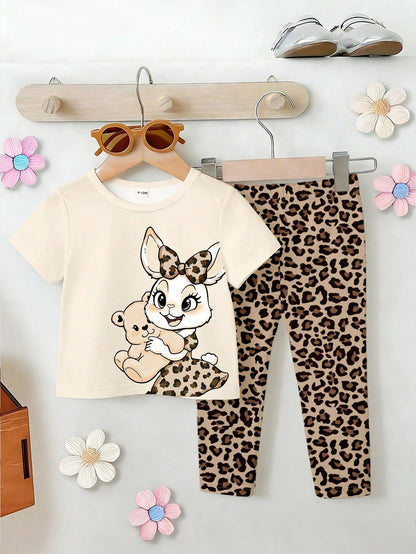 Baby Girls 2pcs/Set Casual Fashion Versatile Spring Summer Infant Toddler Girl T-Shirt Set, Cute Sweet Lemon Yellow Top With Cartoon Little Bee And Flower Pattern, Loose Round Neck Short Sleeve