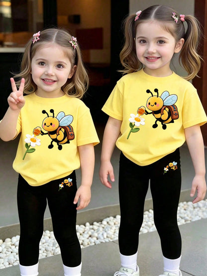 Baby Girls 2pcs/Set Casual Fashion Versatile Spring Summer Infant Toddler Girl T-Shirt Set, Cute Sweet Lemon Yellow Top With Cartoon Little Bee And Flower Pattern, Loose Round Neck Short Sleeve