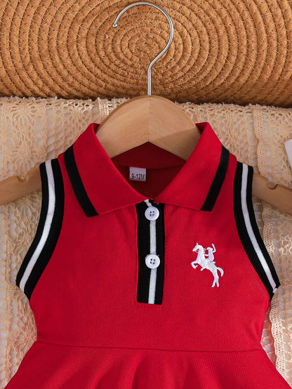 Baby Girls Breathable Comfort Cute Collegiate Collar Embroidery Decor Dress, Elegant Fashion Dress For Girls, Summer