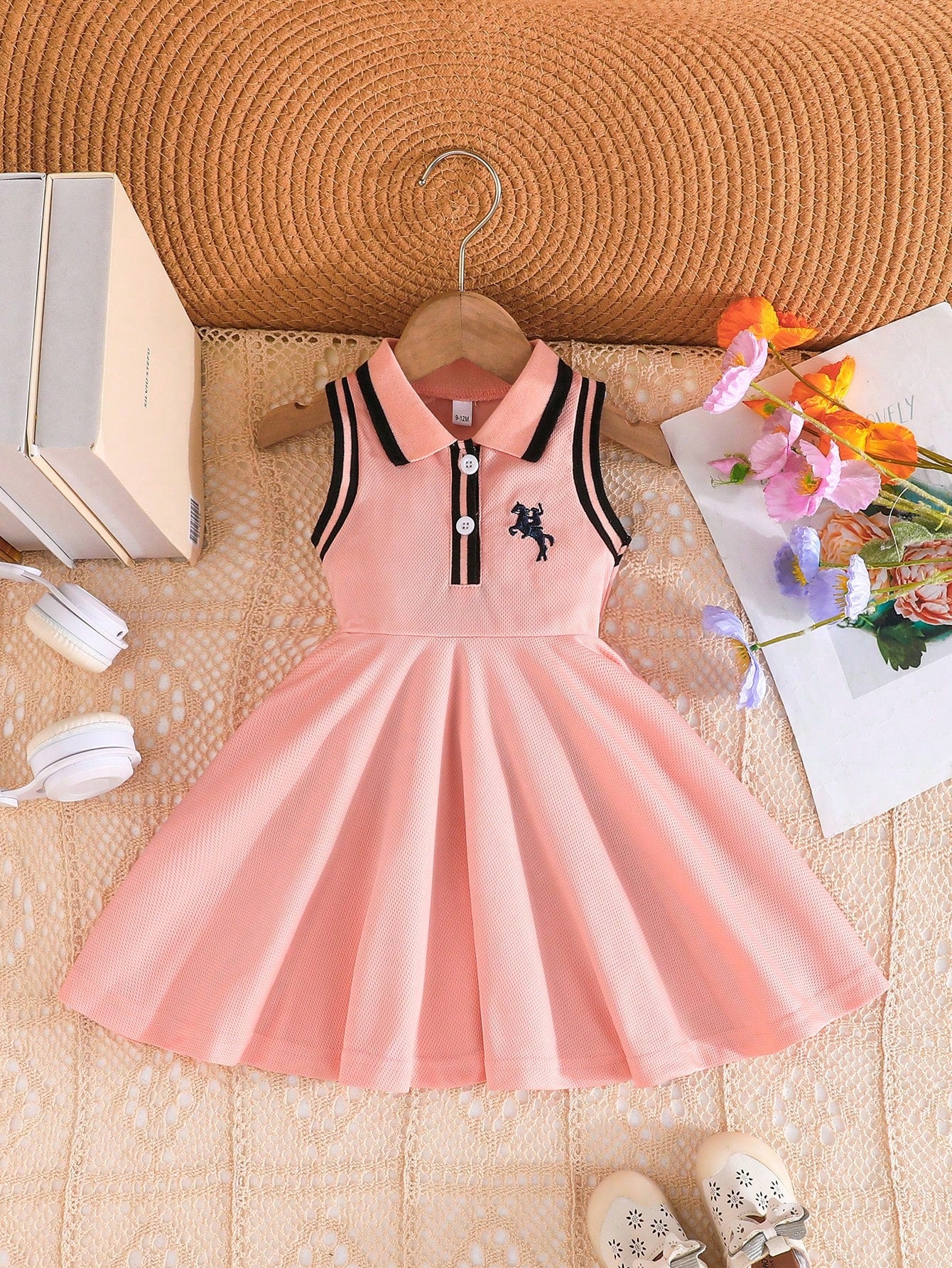 Baby Girls Breathable Comfort Cute Collegiate Collar Embroidery Decor Dress, Elegant Fashion Dress For Girls, Summer