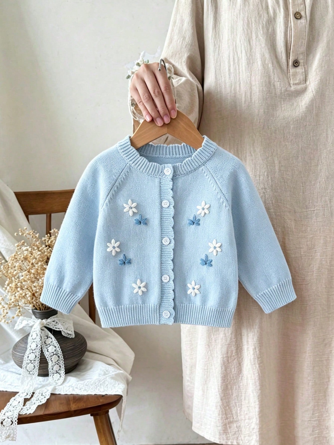 Baby Girls Cardigans, Light Blue Round Neck Knitted Sweater, Soft Pastoral Style, 3D Hand Embroidery, Exquisite Heavy Work, Cute Sweet Cartoon Casual, Suitable For Autumn Winter, Home, Outings
