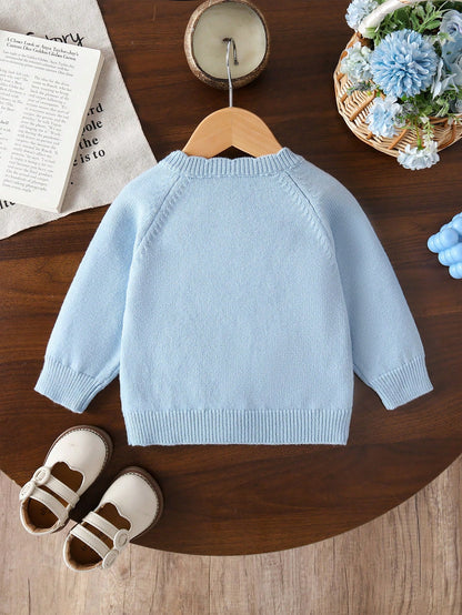 Baby Girls Cardigans, Light Blue Round Neck Knitted Sweater, Soft Pastoral Style, 3D Hand Embroidery, Exquisite Heavy Work, Cute Sweet Cartoon Casual, Suitable For Autumn Winter, Home, Outings