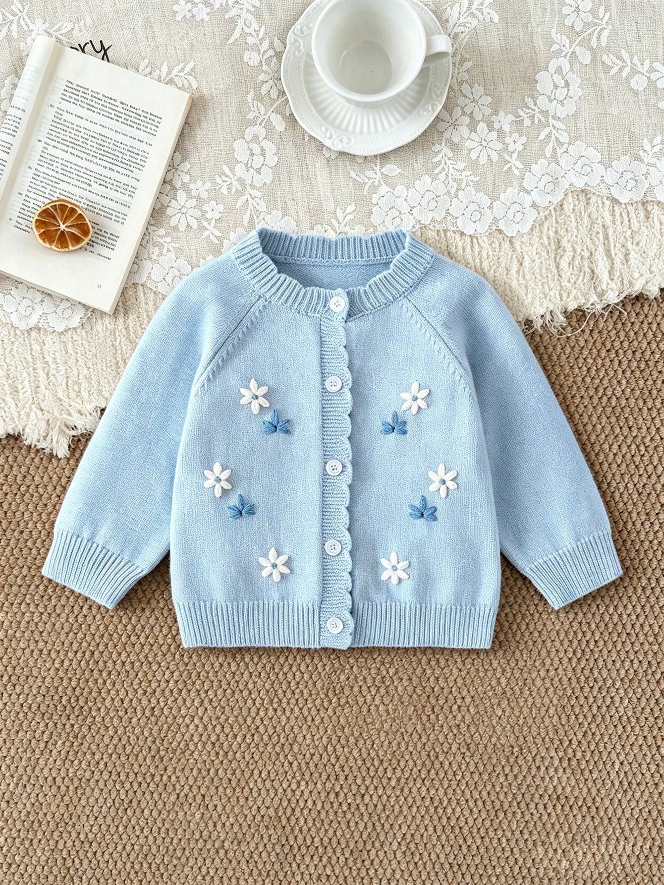 Baby Girls Cardigans, Light Blue Round Neck Knitted Sweater, Soft Pastoral Style, 3D Hand Embroidery, Exquisite Heavy Work, Cute Sweet Cartoon Casual, Suitable For Autumn Winter, Home, Outings