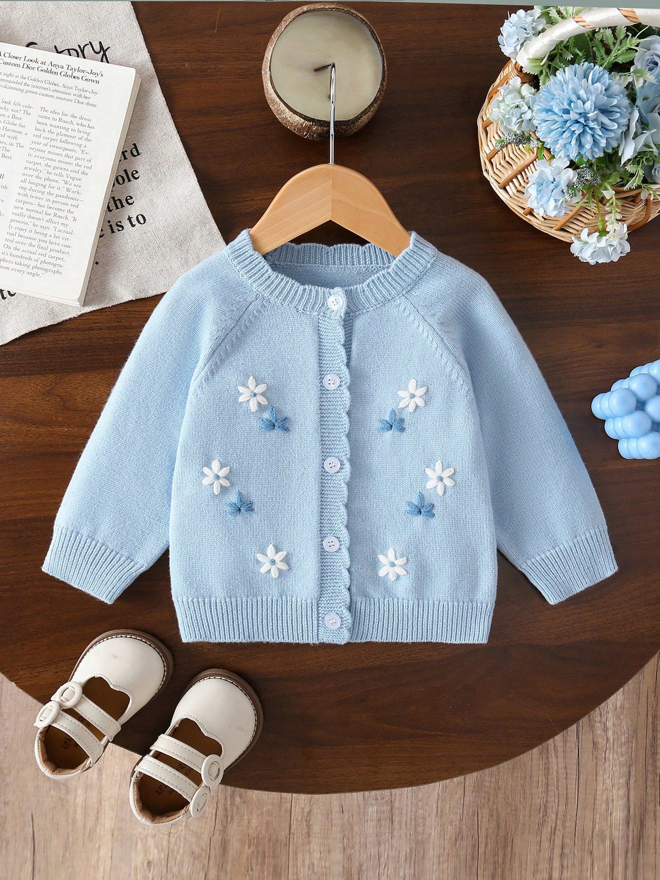 Baby Girls Cardigans, Light Blue Round Neck Knitted Sweater, Soft Pastoral Style, 3D Hand Embroidery, Exquisite Heavy Work, Cute Sweet Cartoon Casual, Suitable For Autumn Winter, Home, Outings