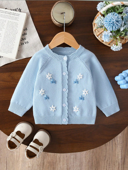 Baby Girls Cardigans, Light Blue Round Neck Knitted Sweater, Soft Pastoral Style, 3D Hand Embroidery, Exquisite Heavy Work, Cute Sweet Cartoon Casual, Suitable For Autumn Winter, Home, Outings