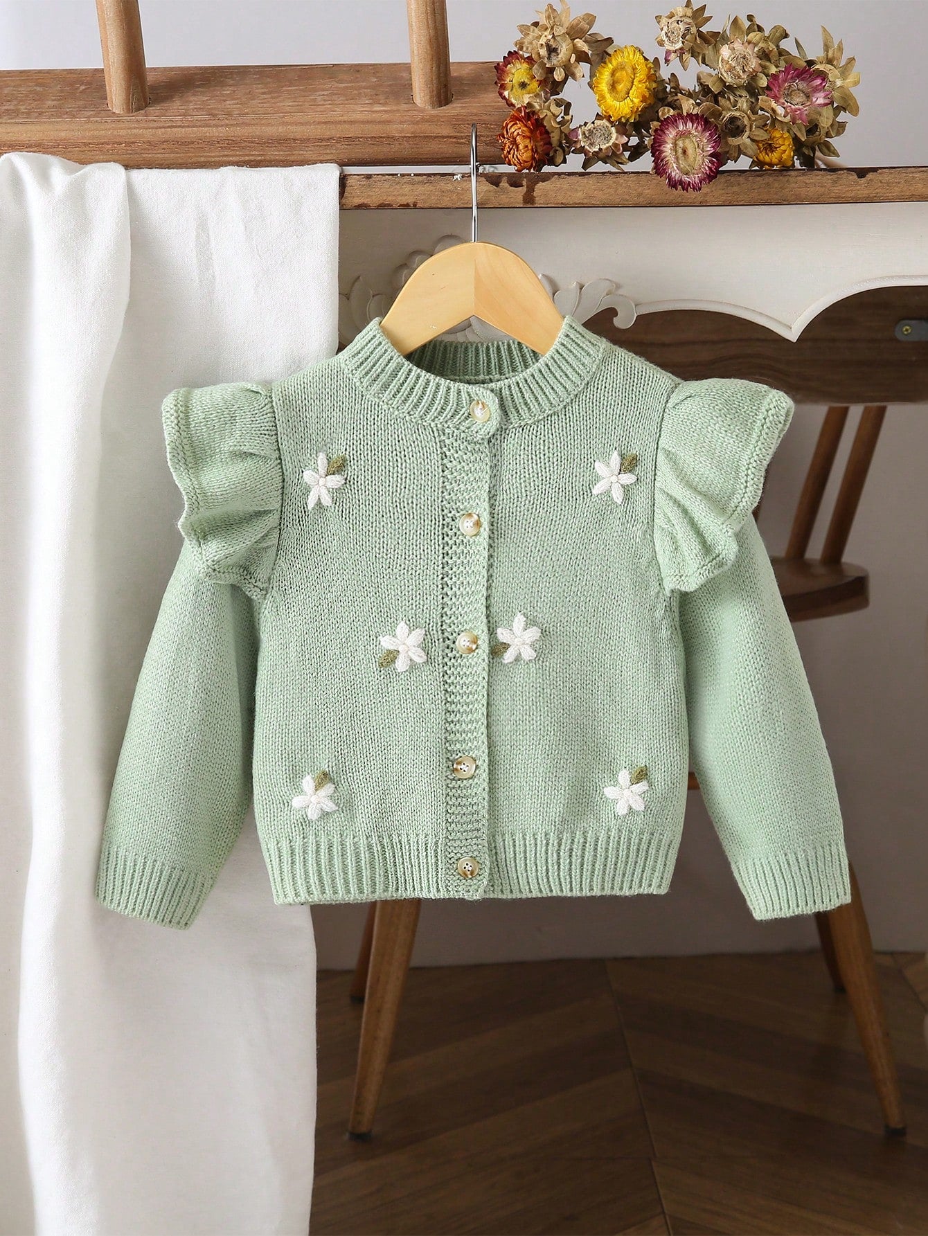 Baby Girls Cardigans, Round Neck Knitted Cardigan, Green Hand-Embroidered Sweater, Heavy Workmanship, Exquisite Cartoon Cute Flutter Sleeve, Lady Style, Simple Basic Versatile, Comfortable Soft