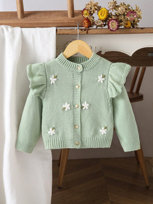 Baby Girls Cardigans, Round Neck Knitted Cardigan, Green Hand-Embroidered Sweater, Heavy Workmanship, Exquisite Cartoon Cute Flutter Sleeve, Lady Style, Simple Basic Versatile, Comfortable Soft