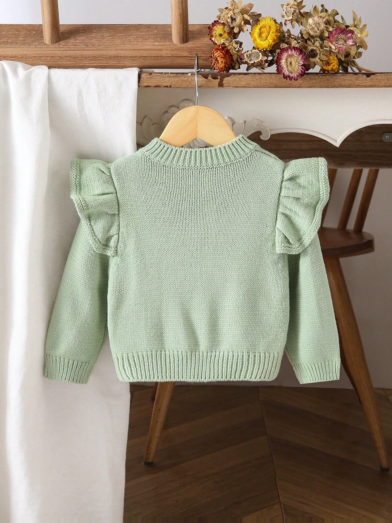 Baby Girls Cardigans, Round Neck Knitted Cardigan, Green Hand-Embroidered Sweater, Heavy Workmanship, Exquisite Cartoon Cute Flutter Sleeve, Lady Style, Simple Basic Versatile, Comfortable Soft