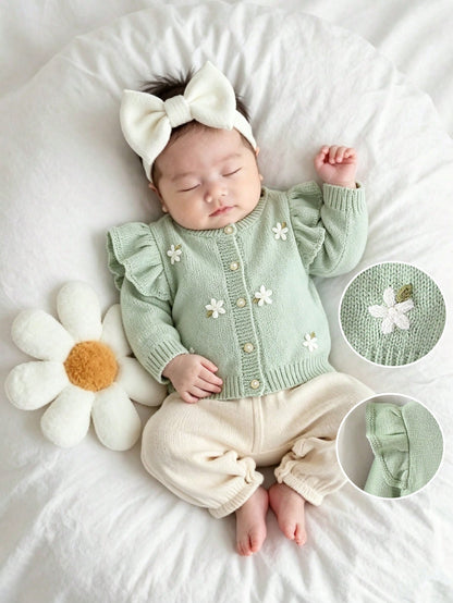 Baby Girls Cardigans, Round Neck Knitted Cardigan, Green Hand-Embroidered Sweater, Heavy Workmanship, Exquisite Cartoon Cute Flutter Sleeve, Lady Style, Simple Basic Versatile, Comfortable Soft