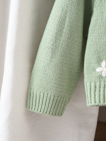 Baby Girls Cardigans, Round Neck Knitted Cardigan, Green Hand-Embroidered Sweater, Heavy Workmanship, Exquisite Cartoon Cute Flutter Sleeve, Lady Style, Simple Basic Versatile, Comfortable Soft