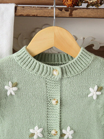 Baby Girls Cardigans, Round Neck Knitted Cardigan, Green Hand-Embroidered Sweater, Heavy Workmanship, Exquisite Cartoon Cute Flutter Sleeve, Lady Style, Simple Basic Versatile, Comfortable Soft