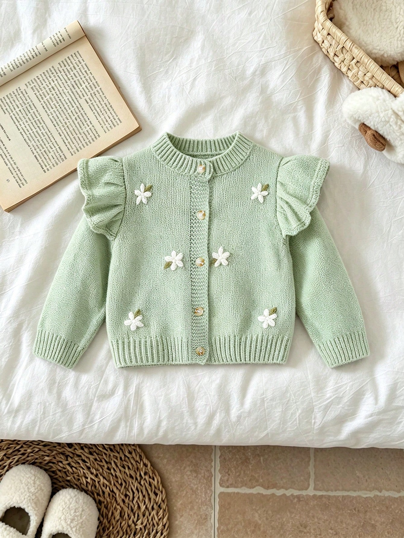 Baby Girls Cardigans, Round Neck Knitted Cardigan, Green Hand-Embroidered Sweater, Heavy Workmanship, Exquisite Cartoon Cute Flutter Sleeve, Lady Style, Simple Basic Versatile, Comfortable Soft