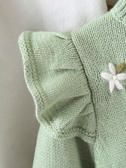 Baby Girls Cardigans, Round Neck Knitted Cardigan, Green Hand-Embroidered Sweater, Heavy Workmanship, Exquisite Cartoon Cute Flutter Sleeve, Lady Style, Simple Basic Versatile, Comfortable Soft