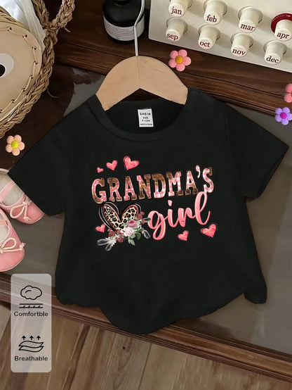 Baby Girls' Cute Summer Casual Black Short T-Shirt,Pink And Black Leopard Heart Floral Letter Graphic Print,Family Matching Cozy Comfortable Top