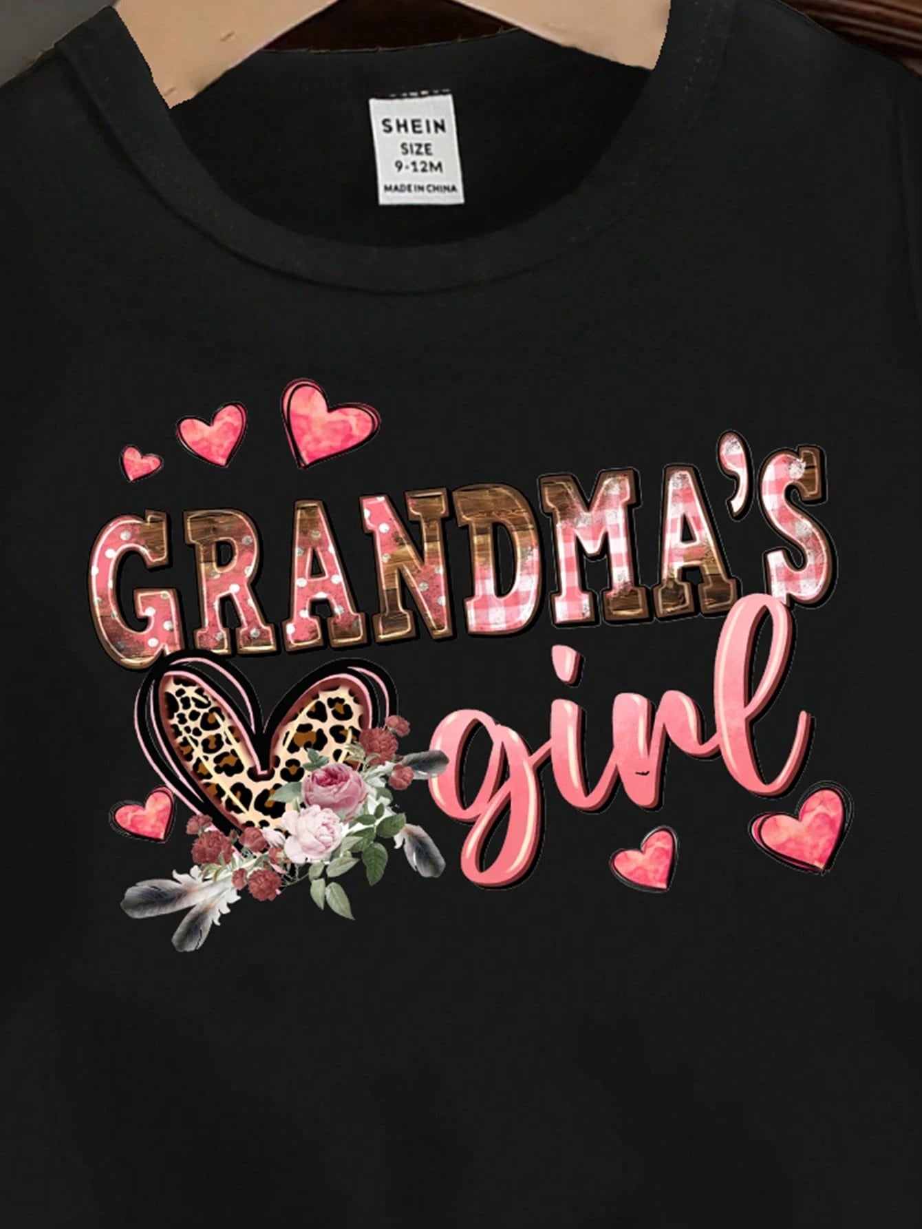 Baby Girls' Cute Summer Casual Black Short T-Shirt,Pink And Black Leopard Heart Floral Letter Graphic Print,Family Matching Cozy Comfortable Top