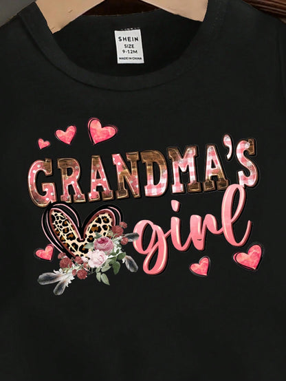 Baby Girls' Cute Summer Casual Black Short T-Shirt,Pink And Black Leopard Heart Floral Letter Graphic Print,Family Matching Cozy Comfortable Top