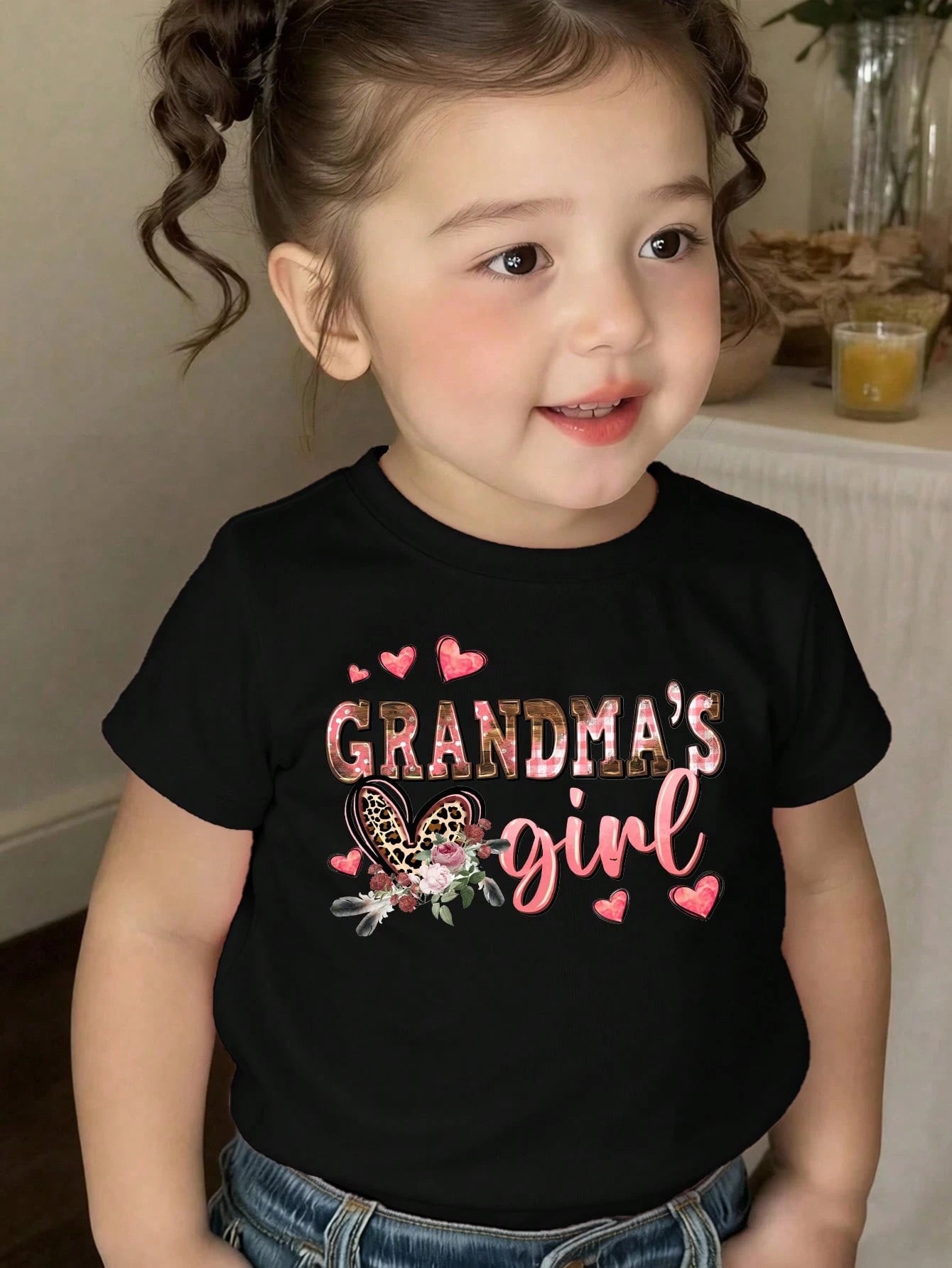 Baby Girls' Cute Summer Casual Black Short T-Shirt,Pink And Black Leopard Heart Floral Letter Graphic Print,Family Matching Cozy Comfortable Top