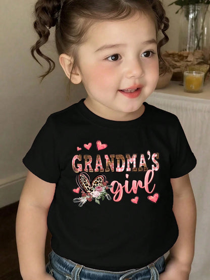Baby Girls' Cute Summer Casual Black Short T-Shirt,Pink And Black Leopard Heart Floral Letter Graphic Print,Family Matching Cozy Comfortable Top