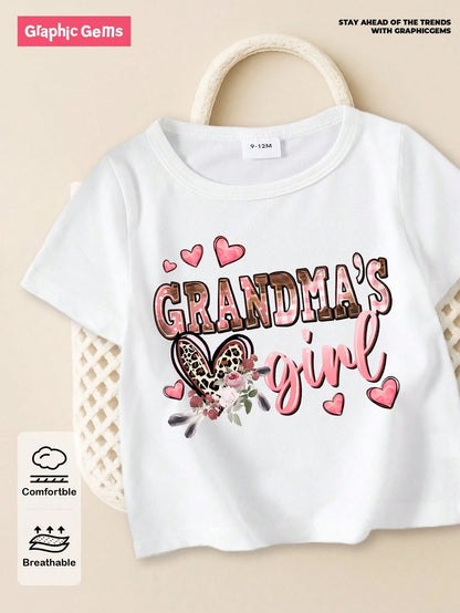 Baby Girls' Cute Summer Casual Black Short T-Shirt,Pink And Black Leopard Heart Floral Letter Graphic Print,Family Matching Cozy Comfortable Top