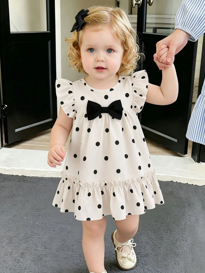 Baby Girls' Summer Polka Dot Dress  Black & White Dots+Bow Decor On Chest+Flare Sleeves  Soft & Cute  Suitable For Daily Outings And Photo Shoots