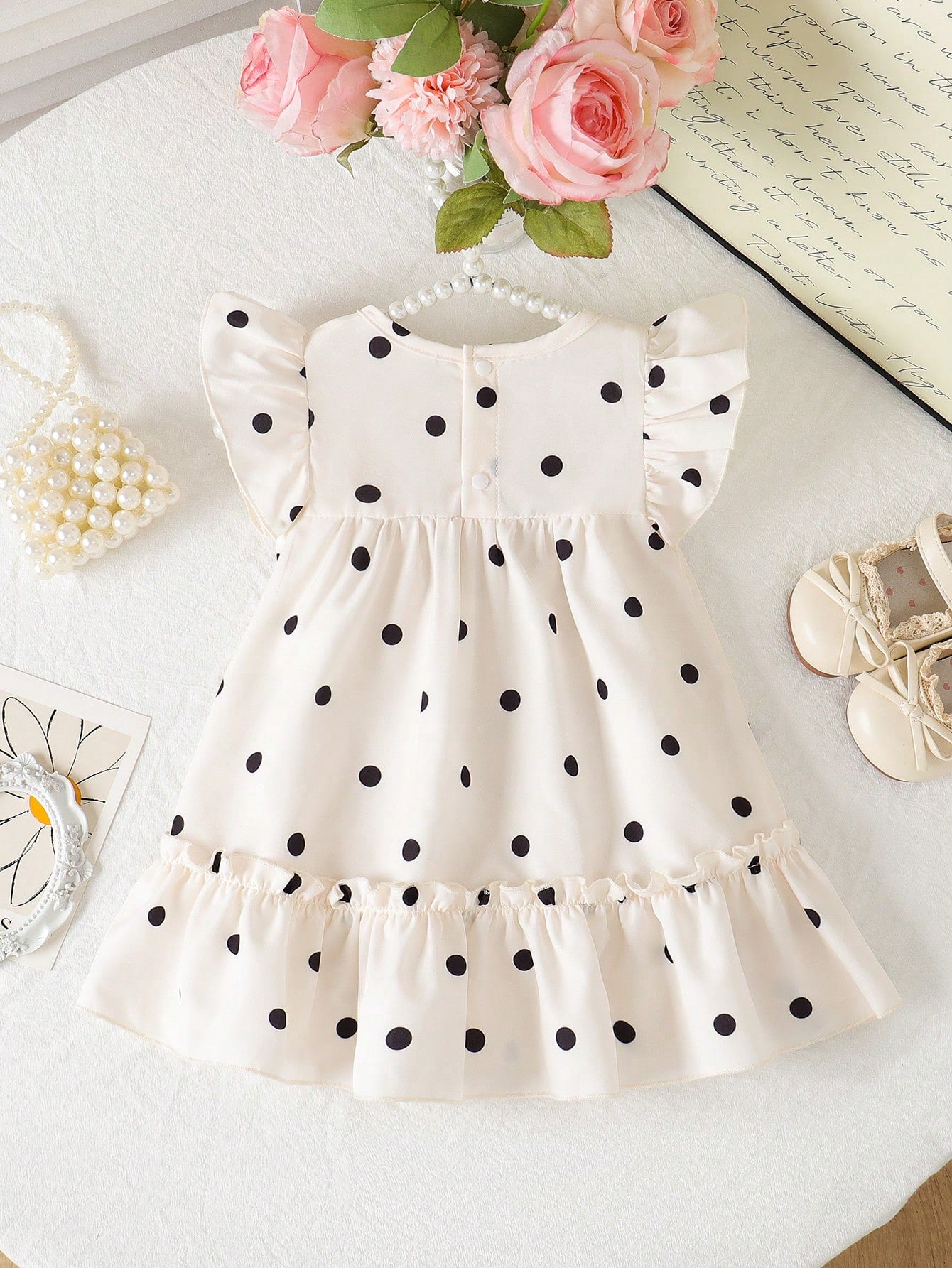 Baby Girls' Summer Polka Dot Dress  Black & White Dots+Bow Decor On Chest+Flare Sleeves  Soft & Cute  Suitable For Daily Outings And Photo Shoots